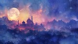 Eid Mubarak with serene moonlit mosque in watercolor