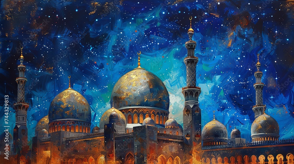 Fototapeta premium Mosque dome under starry Eid night sky in acrylic paint