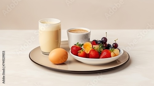 Delicious boiled egg with fruit and coffee