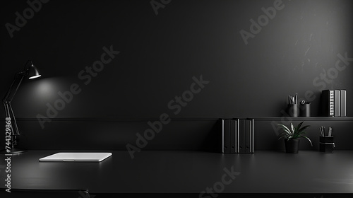 minimalist desk with monochrome binders, stark white lighting, sleek black surface