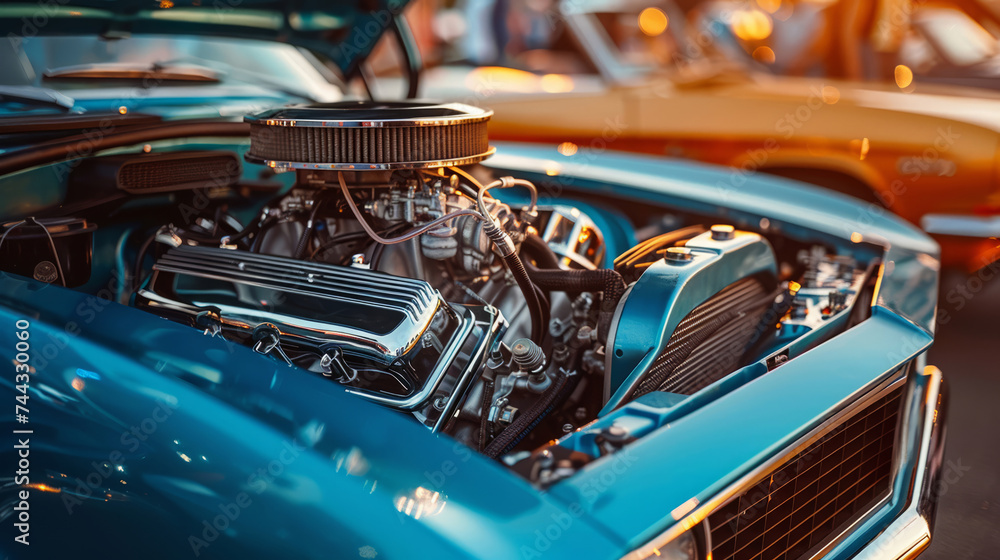 © deafebrisa - Classic muscle car engine with chrome details at a vintage car show under warm afternoon light © deafebrisa - Classic muscle car engine with chrome details at a vintage car show under warm afternoon light
