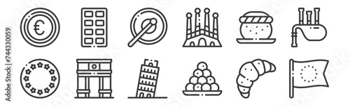 12 set of linear europe icons. thin outline icons such as europe, bitterballen, arc de triomphe, semla, tambourine, chocolate for web, mobile.
