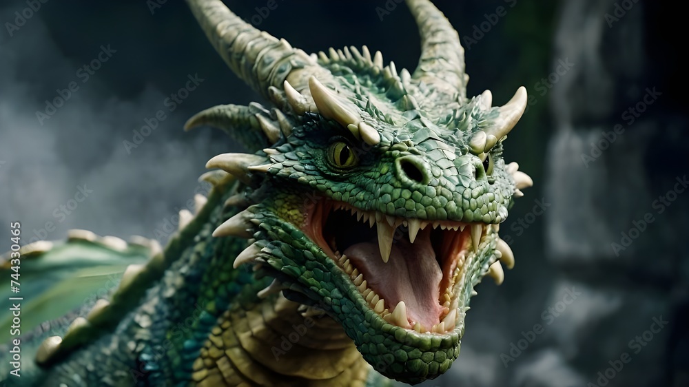 Obraz premium A green dragon with a white mane and horns is depicted on a green background, possibly a painting or an illustration. The dragon's mouth is open, showing its teeth, and it appears to be looking at the
