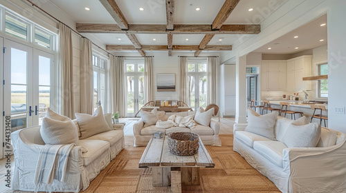 beautiful small space casual living family room soft neutral wood beams and a gorgeous grouping of swivel color fabric chairs around a striking coffee table coastal design nature freshness