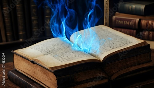 A magical book rests on a dark shelf, a vibrant blue essence spiraling upwards, creating a contrast with the ambient candle flames. Its ancient bindings suggest a trove of knowledge from bygone eras.