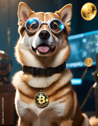 A futuristic cyber dog adorned with high-tech goggles and a Bitcoin medallion braces against a tempest, exuding a blend of modernity and untamed natural force.
