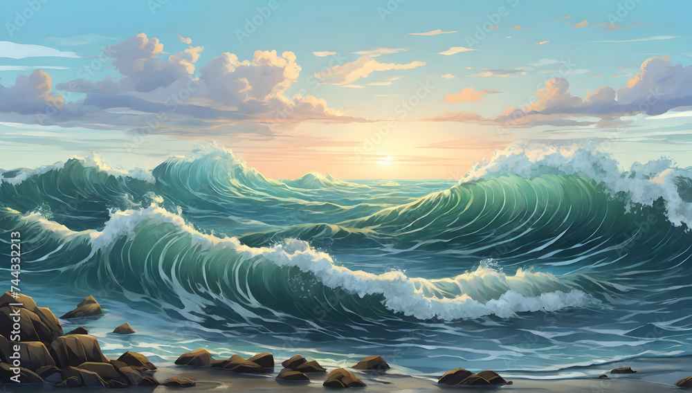 Sea water waves collide at high tide and low tide. Cartoon or anime illustration style. - obrazy, fototapety, plakaty 