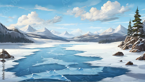 Cracks on the surface of the blue ice. Frozen lake in winter mountains. The hills of pines. Cartoon or anime illustration style.