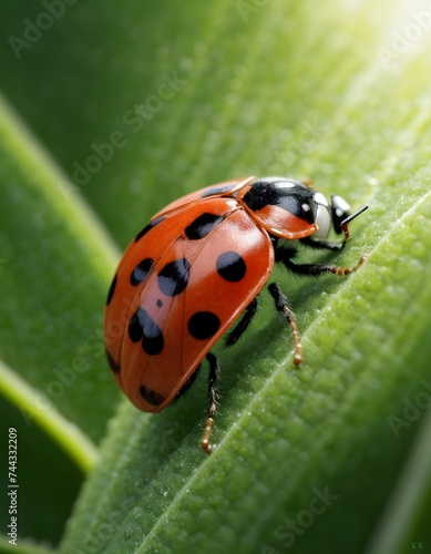 A vibrant ladybug explores the surface of a green leaf, its red shell dotted with black spots shining under the soft light. The delicate interplay of natural colors highlights the insect's delicate