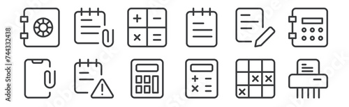 12 set of linear work office supply icons. thin outline icons such as paper shder, balance sheet, error, edit, keys, attachment for web, mobile. photo