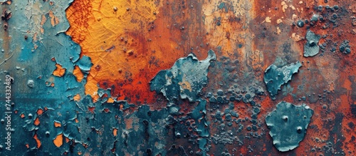 A vibrant abstract metal texture featuring a rusted surface with vivid orange and blue paint.