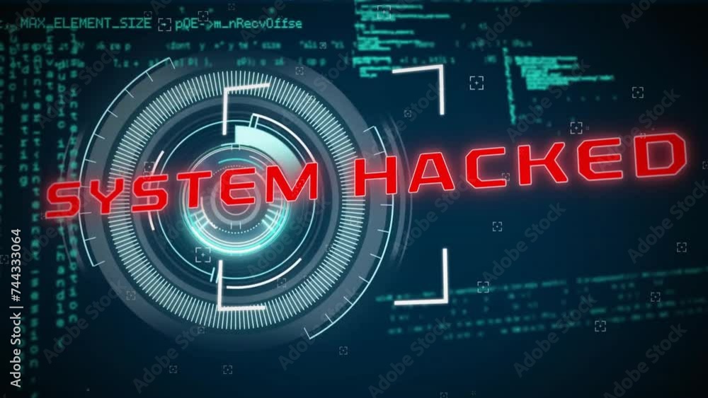 Animation of system hacked text and digital data processing over scope Animation of system hacked text and digital data processing over scope