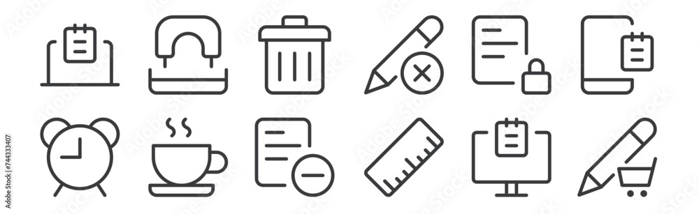 12 set of linear work office supply icons. thin outline icons such as e ...