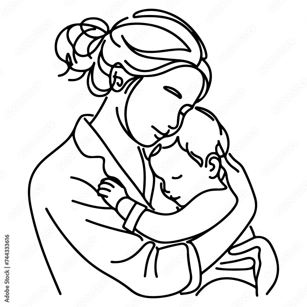 sketch mother hugging small child. Single one black line drawing woman being Hugged By Her children vector illustration sketch mother hugging small child. Single one black line drawing woman being Hugged By Her children vector illustration