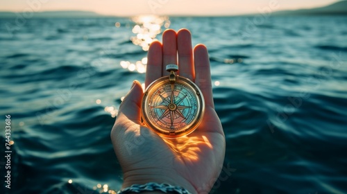 Hand holding a compass with a sea background © Media Srock