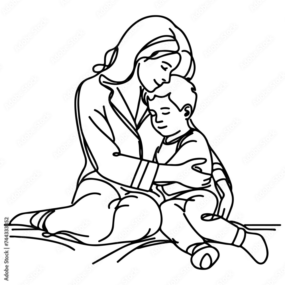 sketch mother hugging small child. Single one black line drawing woman being Hugged By Her children vector illustration sketch mother hugging small child. Single one black line drawing woman being Hugged By Her children vector illustration