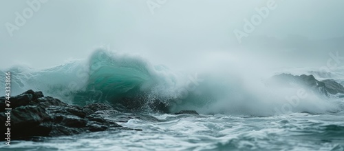 Powerful wave crashing on dramatic rocky shore during stormy weather