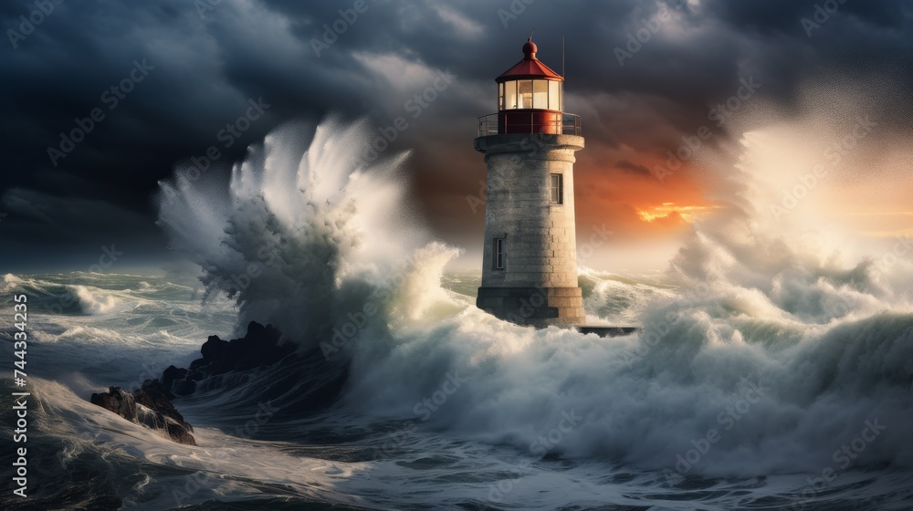 Storm with big waves over the lighthouse at the ocean
