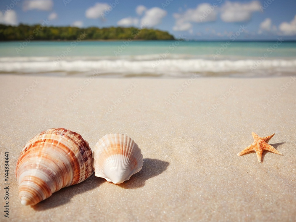 Landscape with seashells on tropical beach - generated by ai Landscape with seashells on tropical beach - generated by ai