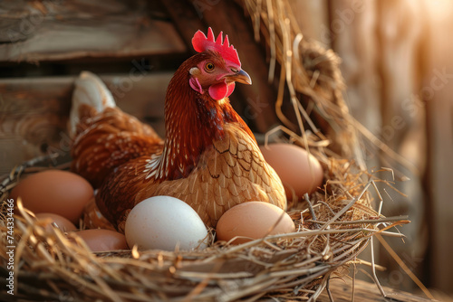brown hen sitting in nest with egg hen and egg hen poultry hatching egg broody hen farming and chicken coop.