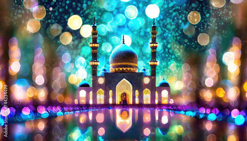 a mosque and background bokeh or eid mubarak greeting or mosque in the night or eid mubarak greeting card 