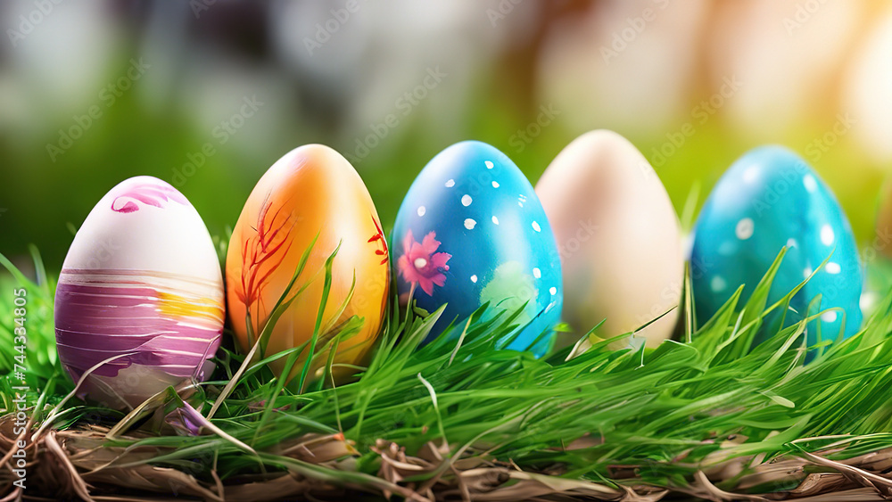 Bright closeup, many beautiful painted easter eggs as grass blurred background