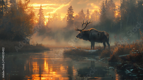 Wild red deer in nature at sunset, Mountain landscape wildlife view