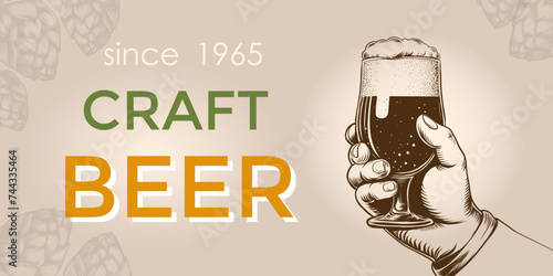 Beer advertising on old vintage background with hand holding glass of beer and creative typography. brewery and pub poster design. Mug of lager or ale on vector sign template. engraving sketch style