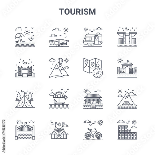 set of 16 tourism concept vector line icons. 64x64 thin stroke icons such as camper van, london bridge, station, chinese temple, circus tent, coliseum, cycle, navigation, building