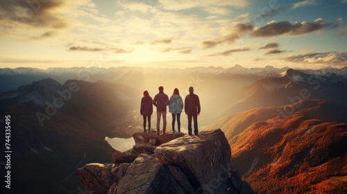 Three people holding hands up in the air on mountain top  celebrating success and achievements 