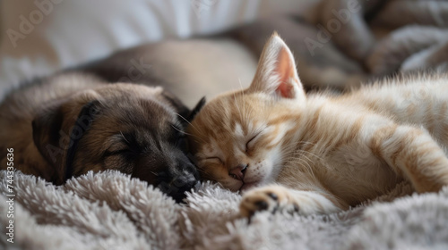 Cat and dog sleeping. Puppy and kitten sleep