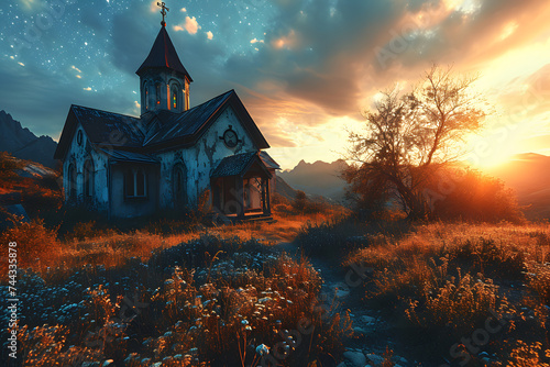 Church with Beautiful Starry Sky View at Sunset. Chapel with Landscape