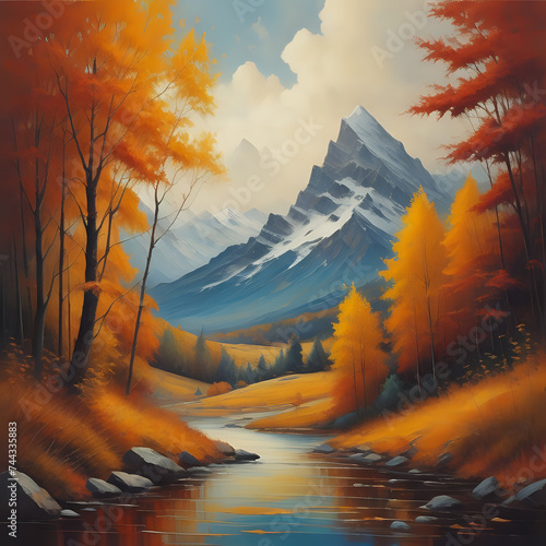 Oil painting colorful autumn landscape background - generated by ai