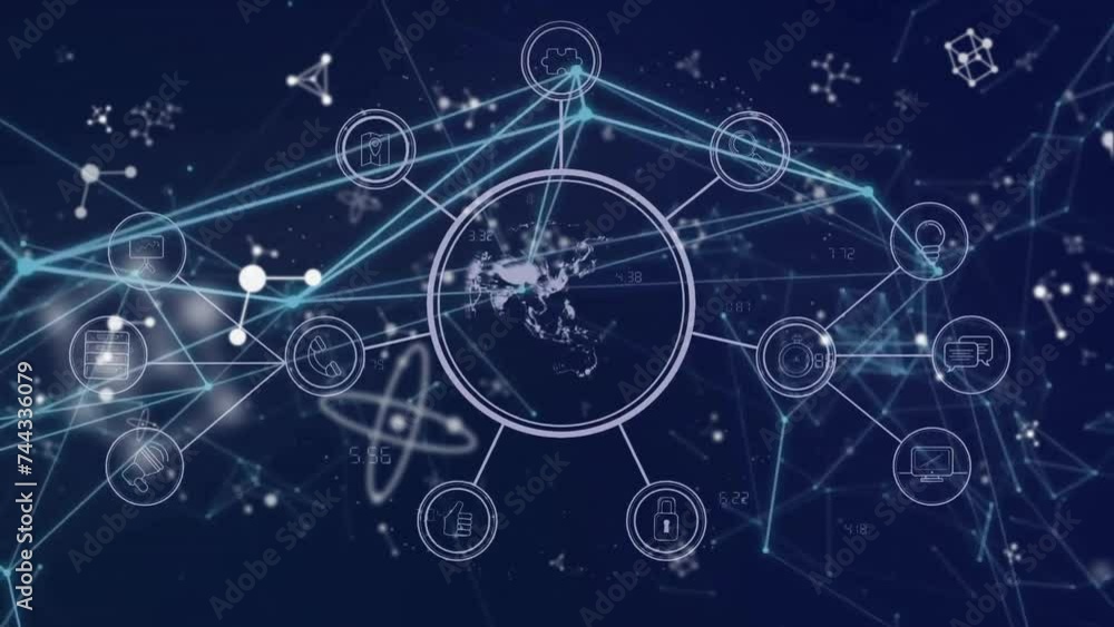 Animation of network of connections with icons and data processing Animation of network of connections with icons and data processing