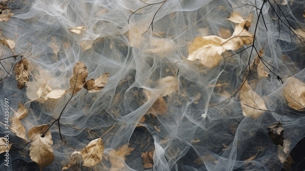 Transparent dry leaves with tentacle network spread over grey