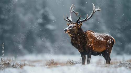 Wild red deer in nature at sunset, Mountain landscape wildlife view in winter © Koihime