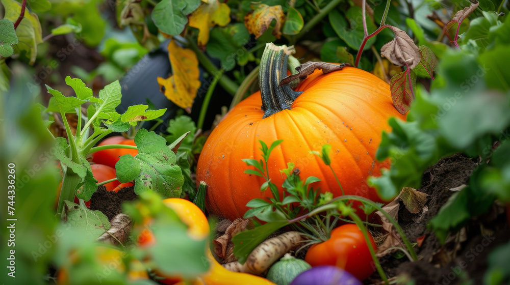 A closeup of a brilliant orange pumpkin nestled a green vines and surrounded by other colorful vegetables.