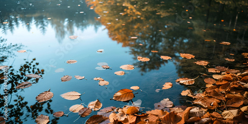 Leaves Drift on the Tranquil Autumn Waters, Reflecting the Azure Sky and Verdant Trees in the Park Lake