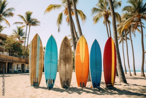 Inviting Row of surfboards on beach. Palm travel. Generate Ai © juliars
