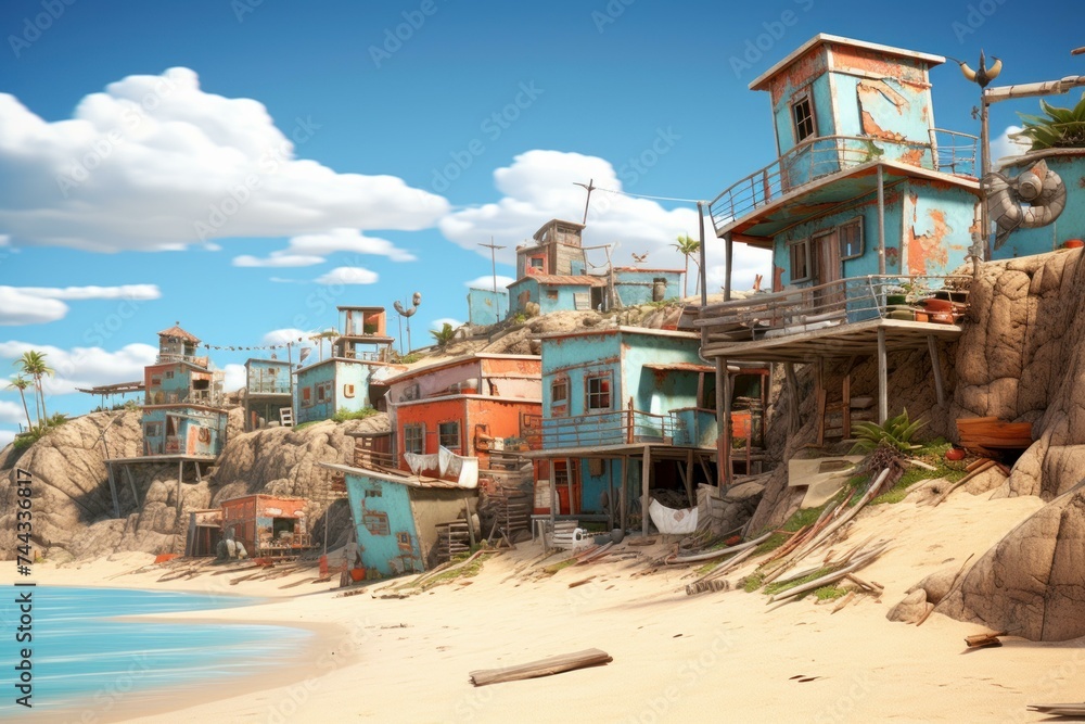 Rubbish beach village. Marine nature. Generate Ai Rubbish beach village. Marine nature. Generate Ai