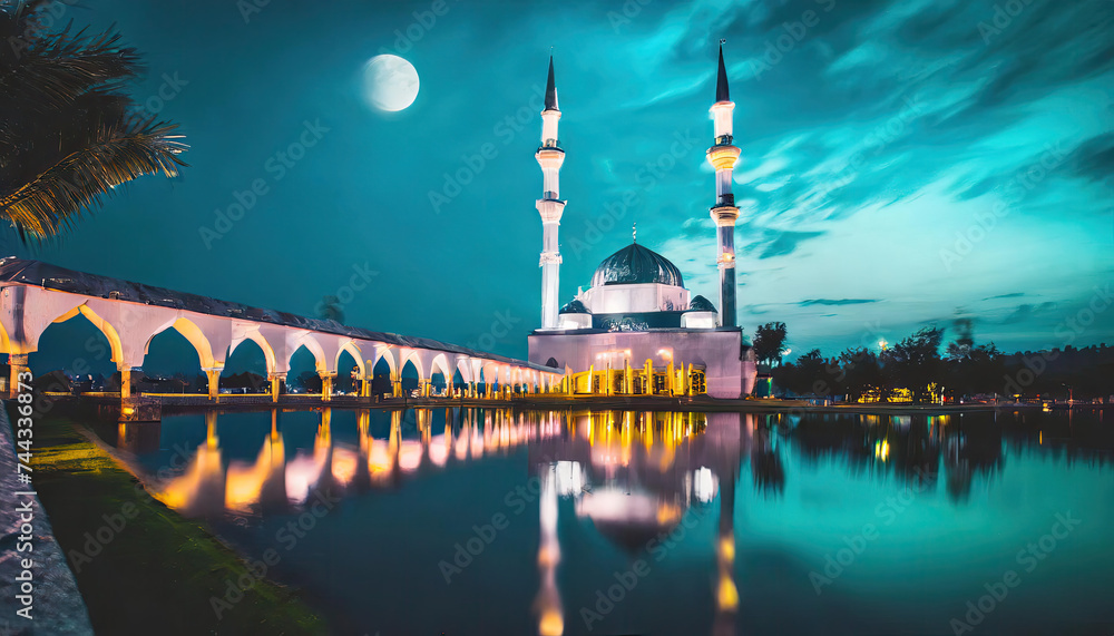 illustration of mosque in the night - obrazy, fototapety, plakaty 