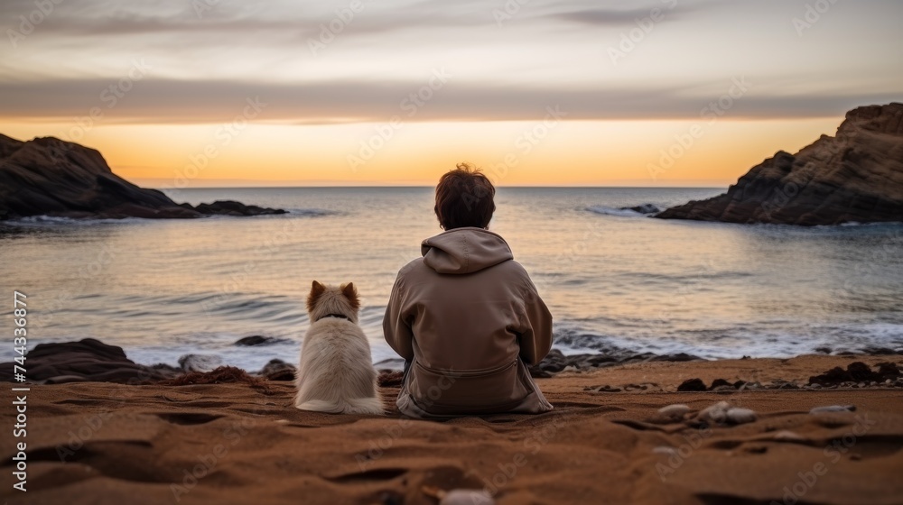 A person is sitting accompanied by a dog on the beach. currently enjoying the beach. beautiful moment A person is sitting accompanied by a dog on the beach. currently enjoying the beach. beautiful moment