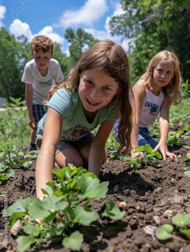 A schoolyard with children planting a garden as part of an environmental education program, fostering early eco-consciousness.