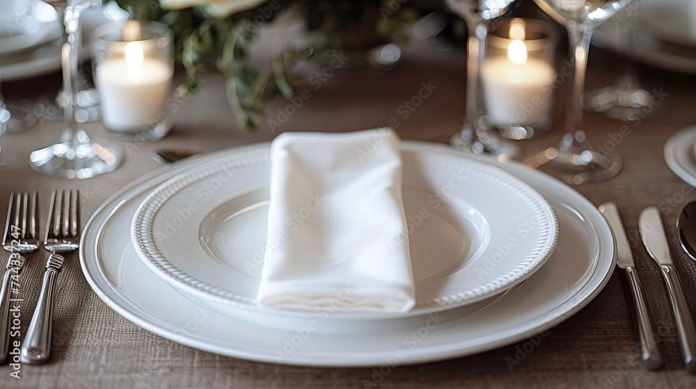 Elegant table setting with white china, silverware, and napkin ring for fine dining events Elegant table setting with white china, silverware, and napkin ring for fine dining events