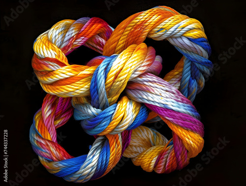 Intricate Multi-Colored Thread Knot on Dark Background - Concept of Unity in Diversity, Complexity, Creativity, and Artistic Expression - Ideal for Themes Related to Complex Relationships and Emotiona photo