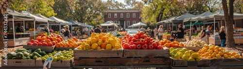 Local farmers market sells organic produce, customers use reusable bags, community supports sustainable food systems. photo