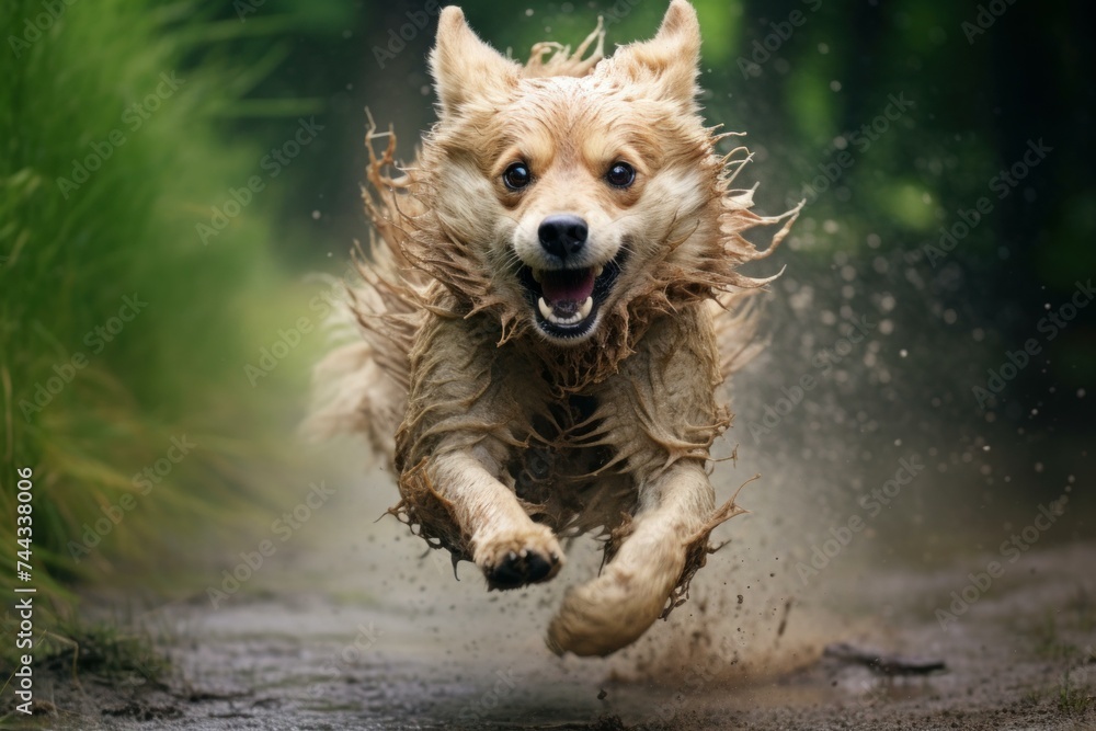 Running funny fluffy dog in summertime. Pet doggy playing and sprinting outside. Generate ai Running funny fluffy dog in summertime. Pet doggy playing and sprinting outside. Generate ai