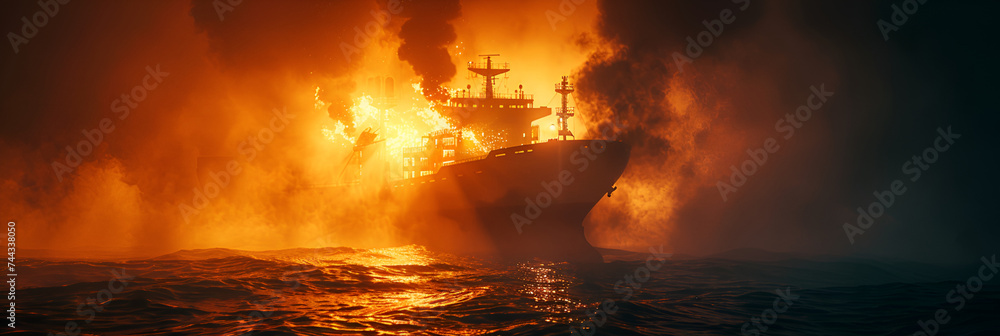 floating wreckage ablaze on water surface, Epic battle of large naval ships on the open sea, 

 - obrazy, fototapety, plakaty 