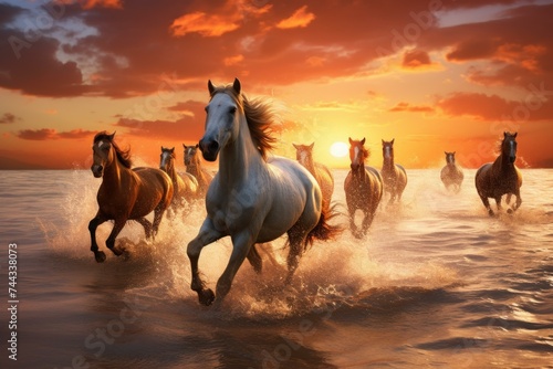 Running horses sunrise. Nature animal. Generate Ai
