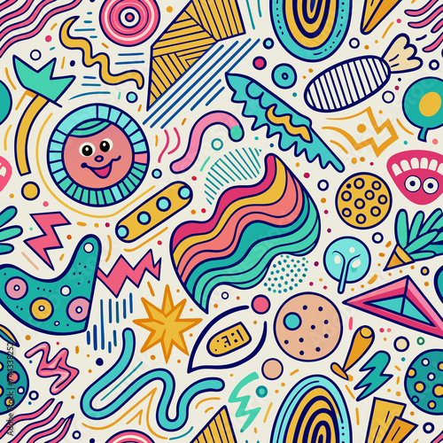 Seamless Fish and Circle Pattern in Colorful Vintage Style